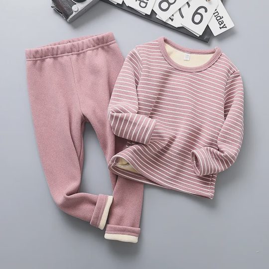 【18M-10Y】2-piece Kids Thickened Fleece Striped Loungewear Set