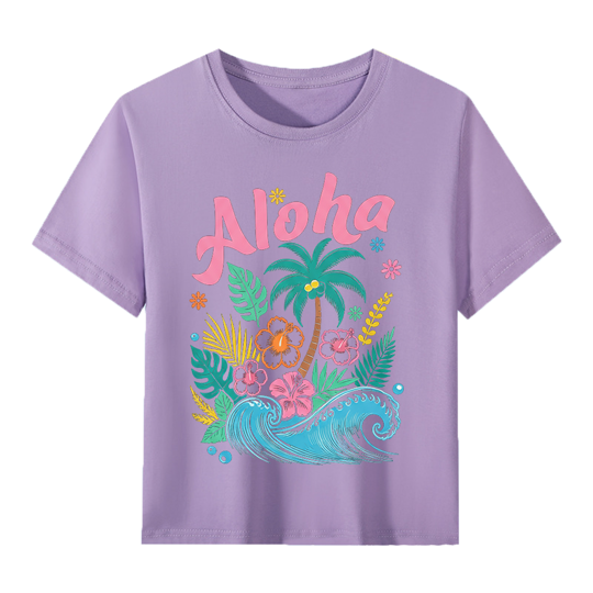 【2Y-13Y】Kids' “Aloha” Fresh Tropical & Hawaiian Style Cartoon Print T-Shirt
