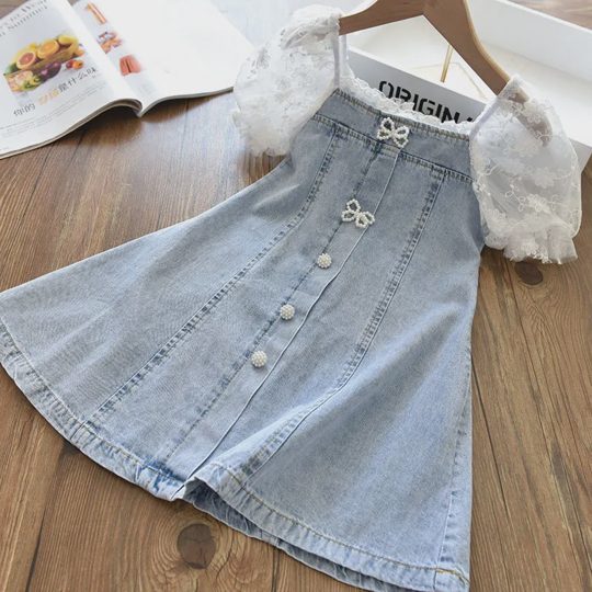 【18M-9Y】Girl Sweet Lace Puff Sleeve Denim Dress - 33189