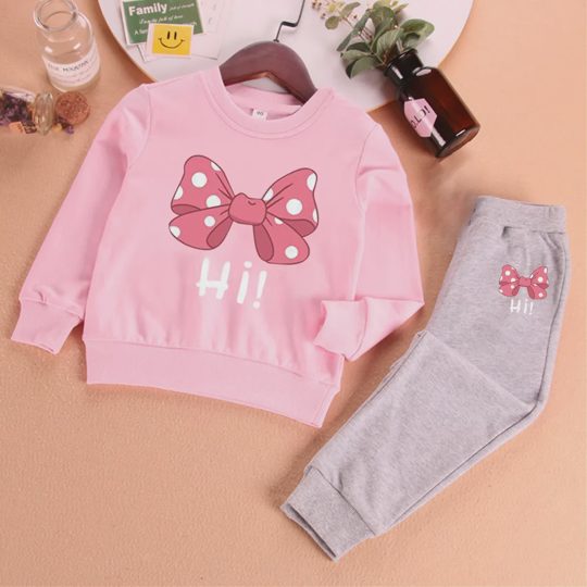 【18M-10Y】2-piece Girls Multicolor Bow Print Long-sleeved Sweatshirt And Pants Set - 34430
