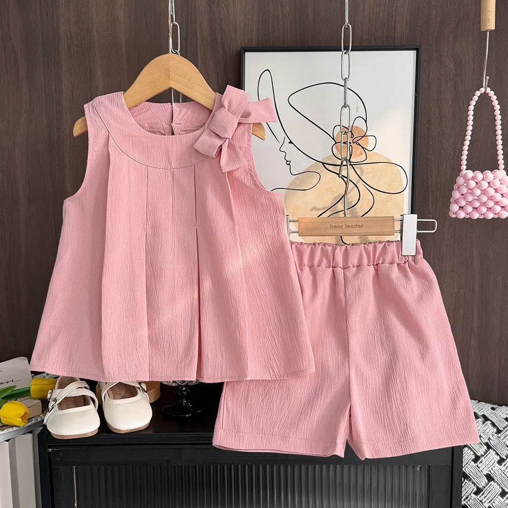 【2Y-7Y】Girls Bow Pleated Sleeveless Top And Shorts 2-Piece Set