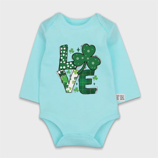 【0M-24M】St. Patrick's Day Love Clover Print Baby Long Sleeve Bodysuit