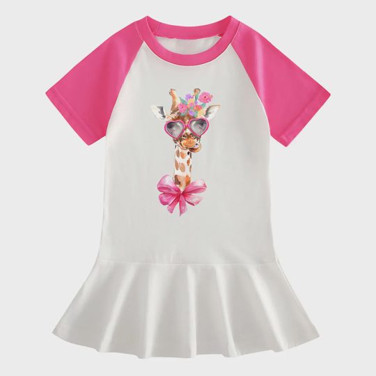 【18M-9Y】Giraffe With Heart Sunglasses Ruffle Dress For Girls