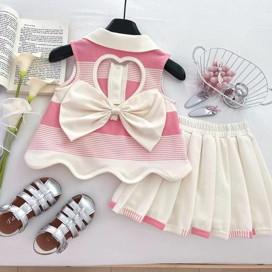 【18M-10Y】Girls' Collared Striped Sleeveless Top + Pleated Skirt Princess 2-Piece Set