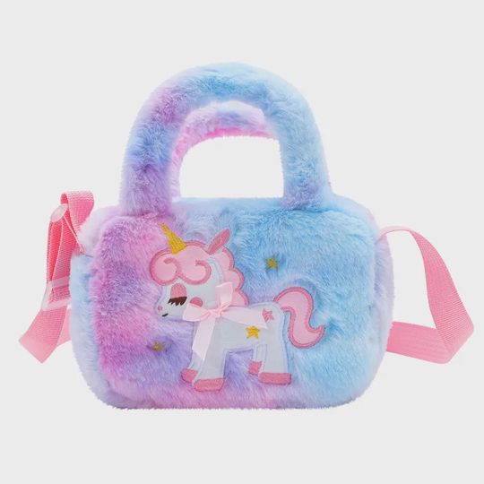 Girl Cute Fashion Faux Fur Unicorn Embroidered Square Handheld Crossbody Bag