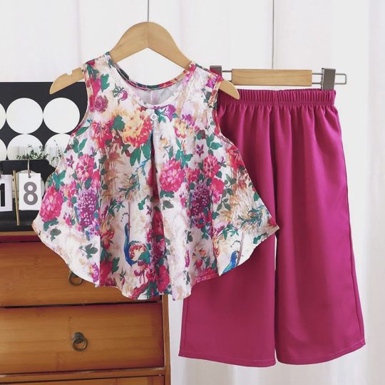 【18M-11Y】2-piece Girls Butterfly Floral Vest And Pants Set
