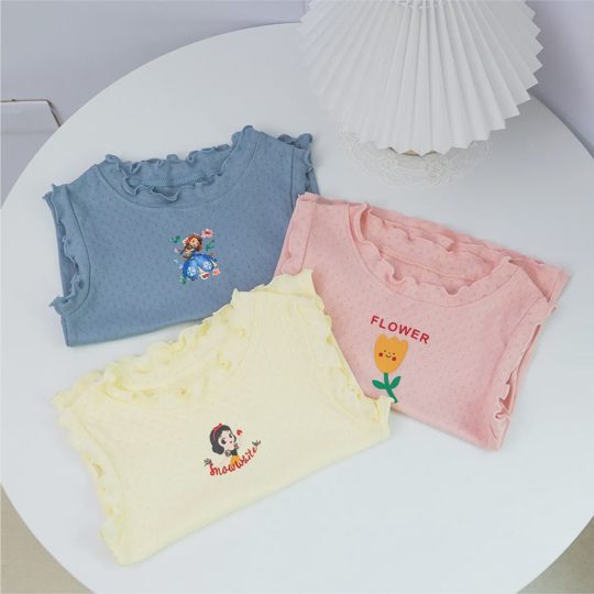 【18M-9Y】Kids Girls Sweet Solid Color Ruffle Trim Sleeveless T-Shirt Casual Summer Top