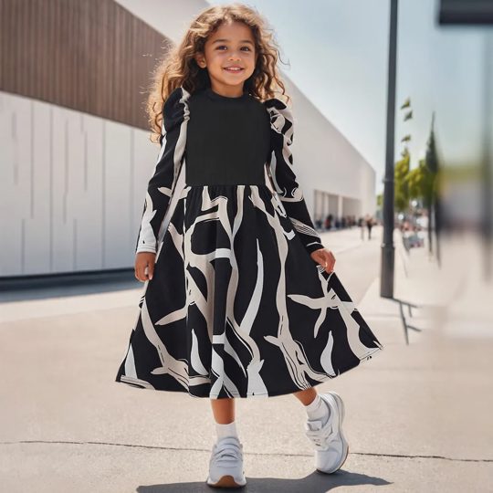 【3Y-10Y】Girls' Geometric Print Long Sleeve Puff-Sleeve Simple Dress