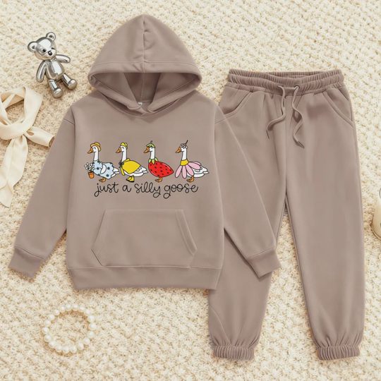【2Y-13Y】Duck Print Hoodie And Jogger Set For Kids - "Just A Silly Goose" Design