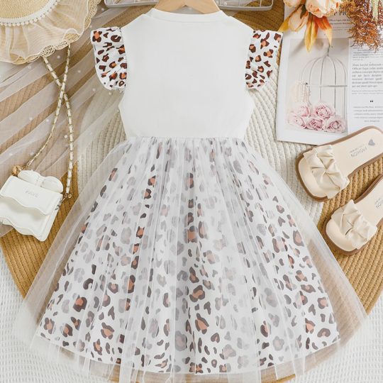 【3Y-10Y】Girls' Flutter Sleeve Leopard Print Bow Tulle Puffy Princess Dress
