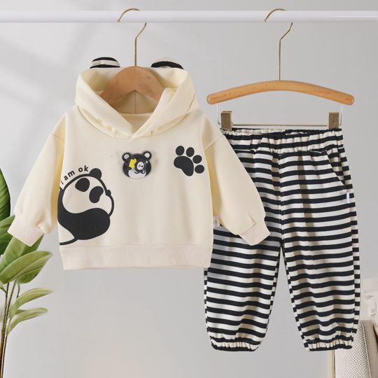 【12M-4Y】Unisex Cute Panda Hoodie And Striped Pants Set