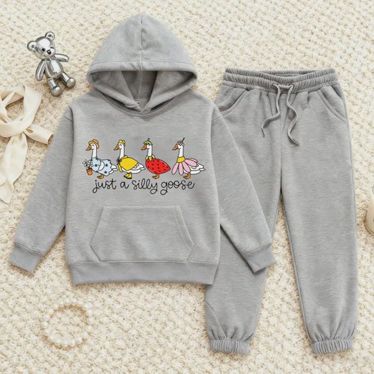 【2Y-13Y】Duck Print Hoodie And Jogger Set For Kids - "Just A Silly Goose" Design
