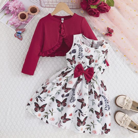 【2Y-8Y】2-piece Girls Elegant Floral Print Bowknot Sleeveless Dress And Ruffled Long Sleeve Top Jacket Set