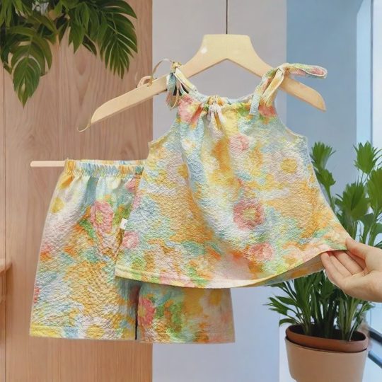 【12M-6Y】Girls' Floral Tie-Dye Oil Painting Style Camisole + Shorts Set