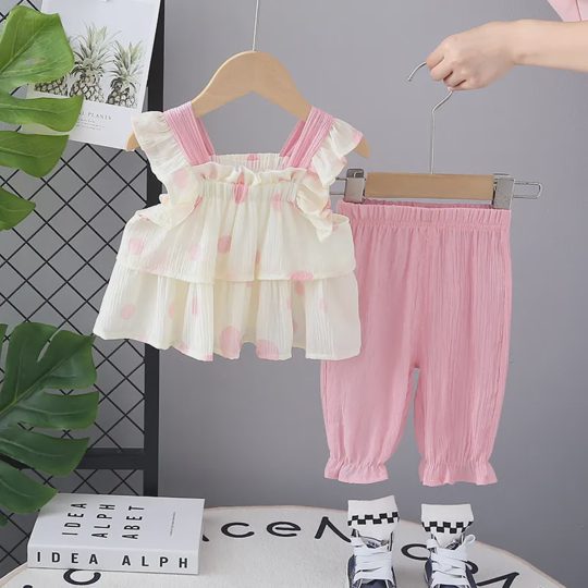 【12M-5Y】Girls' Cute Polka Dot Tank Top & 7/8 Pants Set