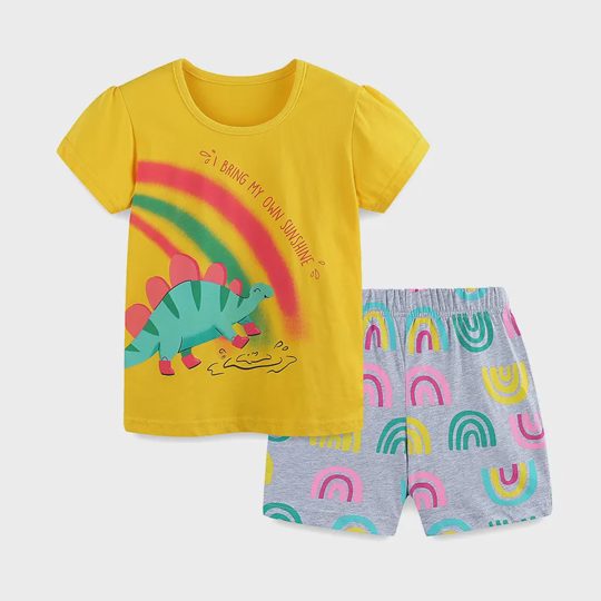 【18M-7Y】Unisex Cartoon Dinosaur Print Crew Neck T-Shirt + Shorts Set