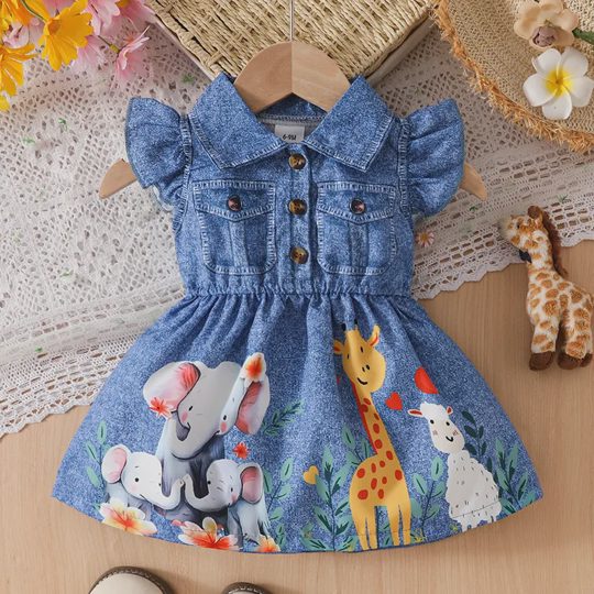 【6M-3Y】Girls Casual Cute Round Neck Flying Sleeve Animal Pattern Print Dress