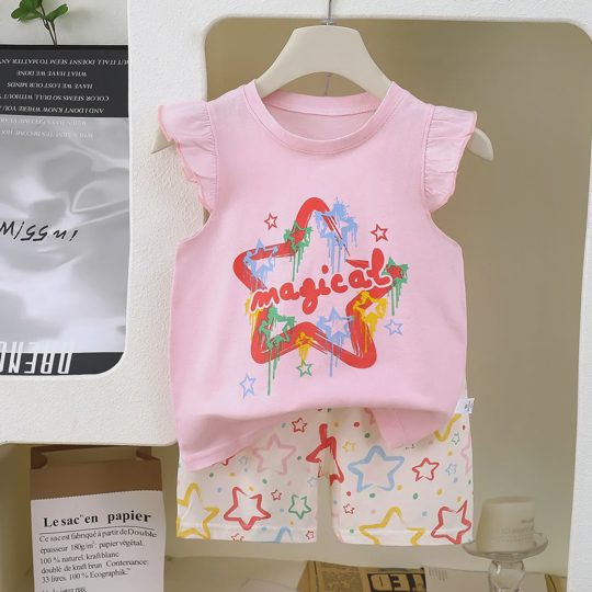 【12M-6Y】Unisex Cartoon Letter Fries Star & Heart Print Flutter Sleeve T-Shirt + Shorts Set