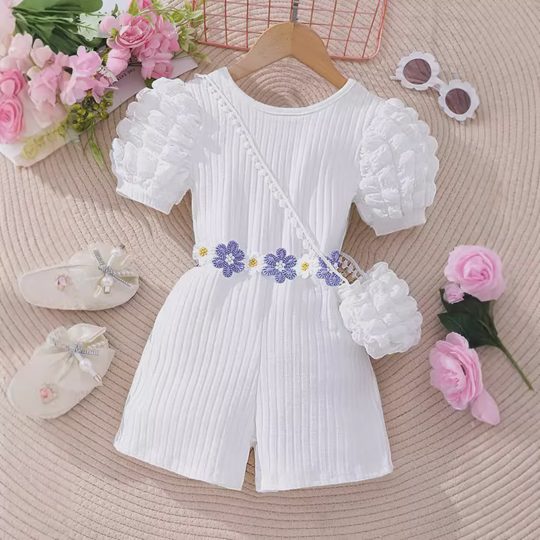 【2Y-7Y】Girls Floral Puff Sleeve Jumpsuit With Bag