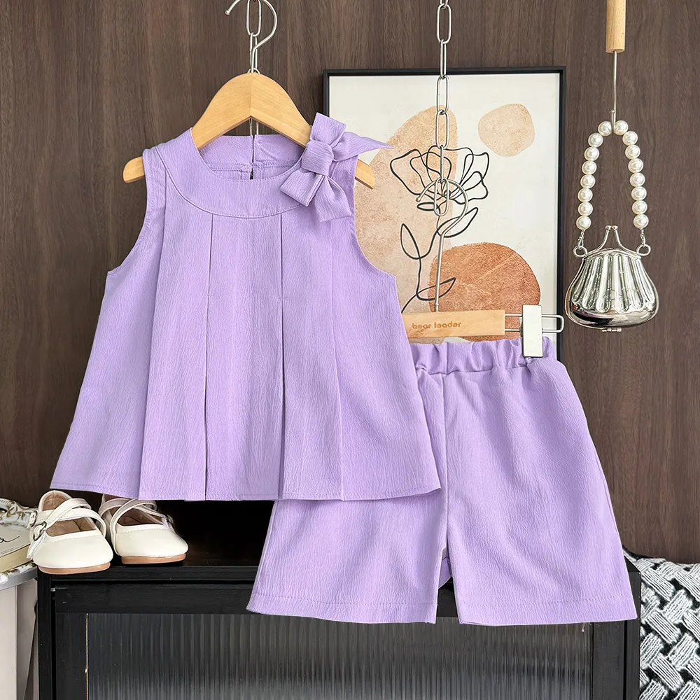 【2Y-7Y】Girls Bow Pleated Sleeveless Top And Shorts 2-Piece Set