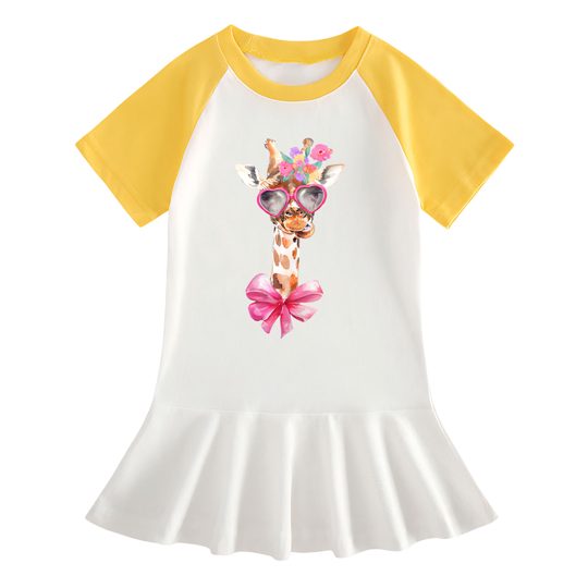 【18M-9Y】Giraffe With Heart Sunglasses Ruffle Dress For Girls