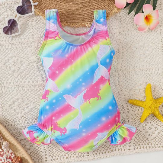 【12M-5Y】Girls' Vacation Style Dreamy Cartoon Mermaid Rainbow Flower Sleeveless Beach Bikini Swimsuit
