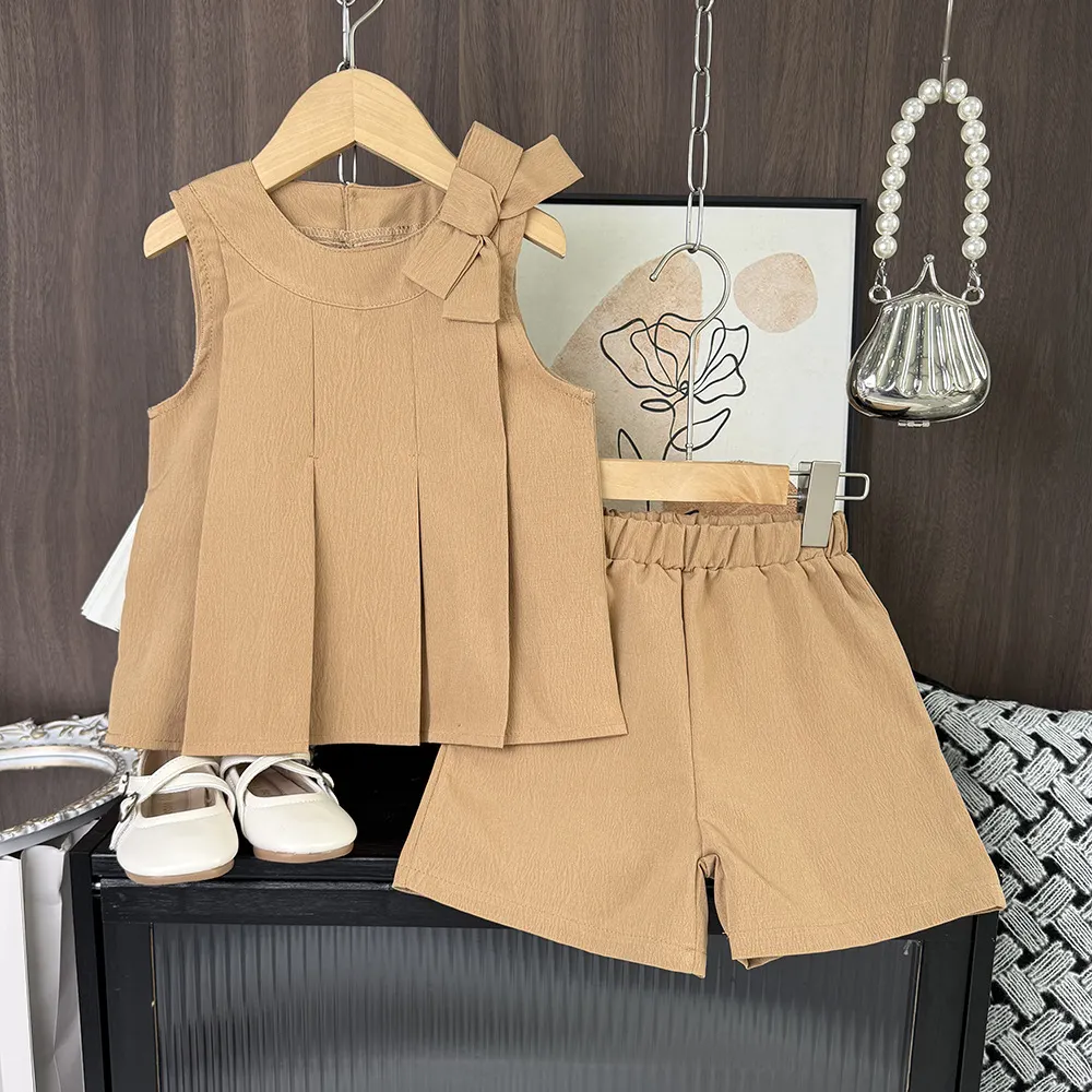 【2Y-7Y】Girls Bow Pleated Sleeveless Top And Shorts 2-Piece Set
