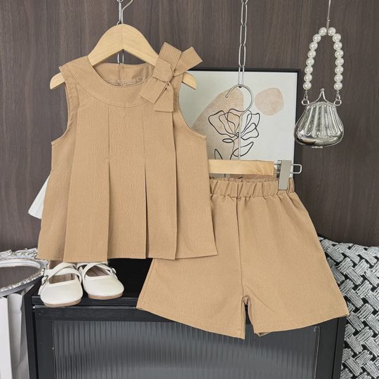 【2Y-7Y】Girls Bow Pleated Sleeveless Top And Shorts 2-Piece Set