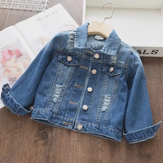 【18M-11Y】Girls Fashion Heart Shaped Butterfly Print Blue Denim Jacket