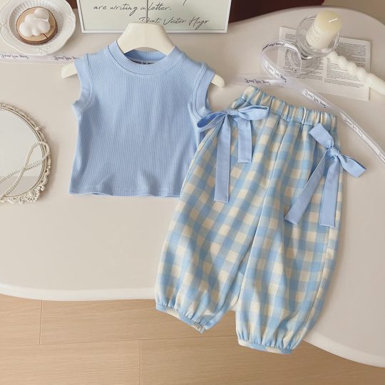 【18M-6Y】3-piece Girls Blue Top And Plaid Pants Set With Bag