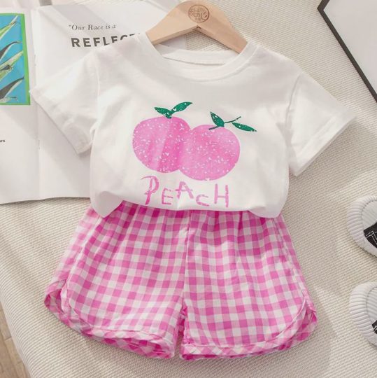 【12M-7Y】2-piece Girls Fruit Print Short-sleeved T-shirt And Plaid Shorts Set - 34358
