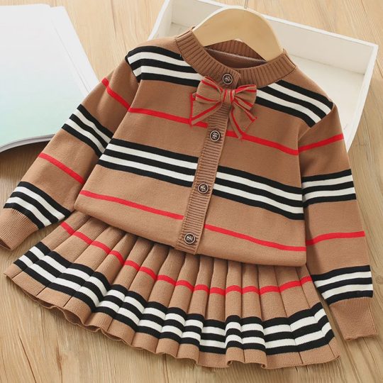 【18M-7Y】Girls Striped Sweater Cardigan And Pleated Skirt Set