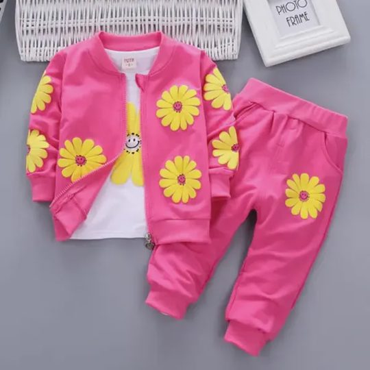 【12M-7Y】3-piece Girls Floral Print T-Shirt And Jacket And Pants Set - 34207