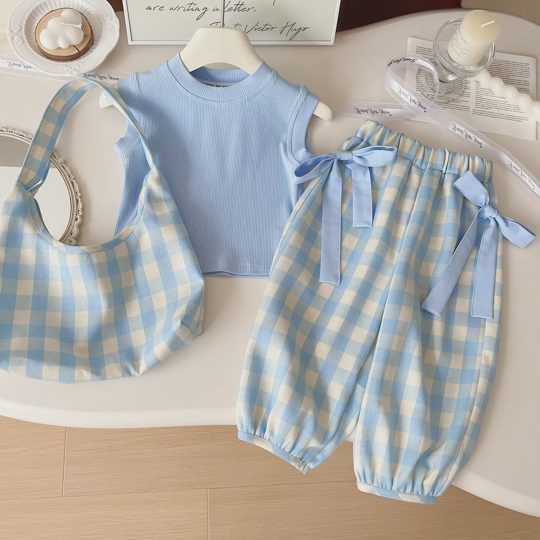 【18M-6Y】3-piece Girls Blue Top And Plaid Pants Set With Bag