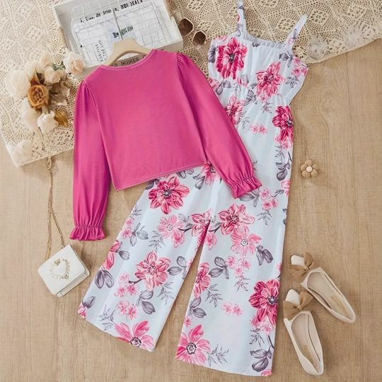 【5Y-13Y】Girls' Long-Sleeve Jacket + Printed Jumpsuit 2-Piece Set