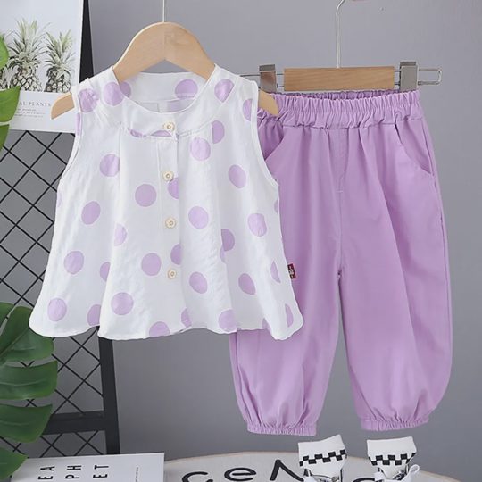 【12M-5Y】2-piece Girls Cute Chiffon Polka Dot Print Sleeveless Top And Bloomers Set