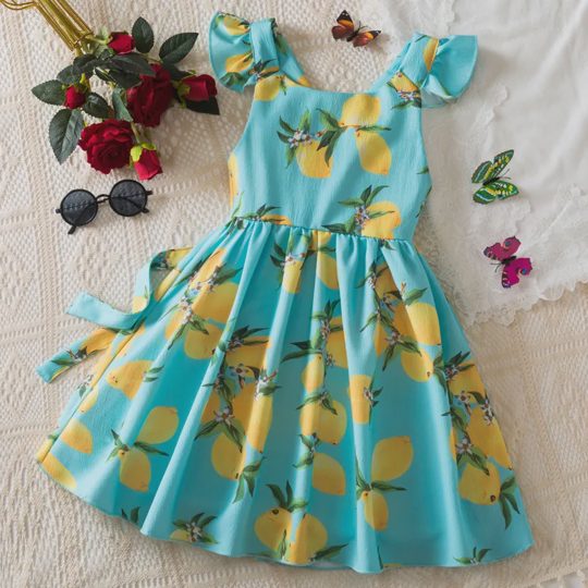 【2Y-7Y】Girls' Fresh Lemon Print Vacation Style Backless Dress