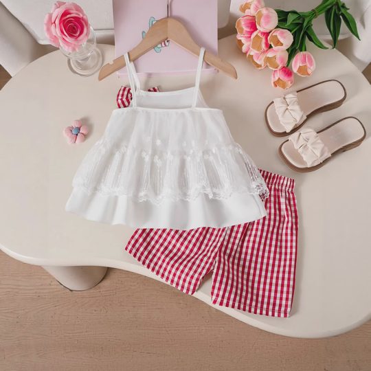 【3Y-10Y】Girls' Tulle Camisole Top + Plaid Shorts Set