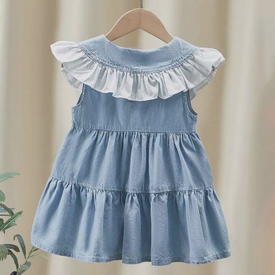 【12M-8Y】Girls Fashion Bowknot Lapel Sleeveless Denim Dress (Bag Not Included) - 33417