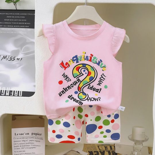 【12M-6Y】Unisex Cartoon Letter Fries Star & Heart Print Flutter Sleeve T-Shirt + Shorts Set