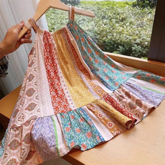 【18M-8Y】Girls Fashion Sweet Vintage Floral Stripe Print Bohemian Sling Dress - 33458