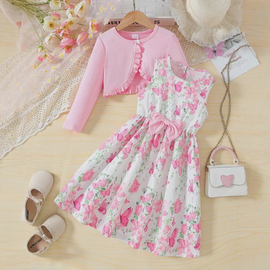 【3Y-10Y】Girls' Cardigan + Floral & Butterfly Print Pinafore Dress Set