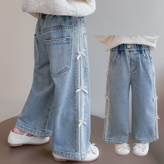 【18M-7Y】Girls' Bow Casual Straight-Leg Denim Pants