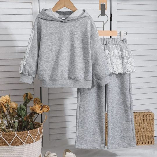 【3Y-8Y】Girls' Sweet Lace Panel Wide-Leg Pants And Drawstring Hoodie Set