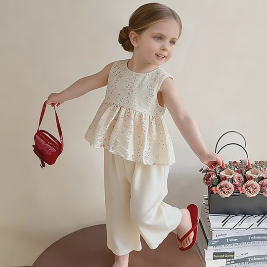 【12M-13Y】Girls' Lace Polka Dot Top + Pants Set