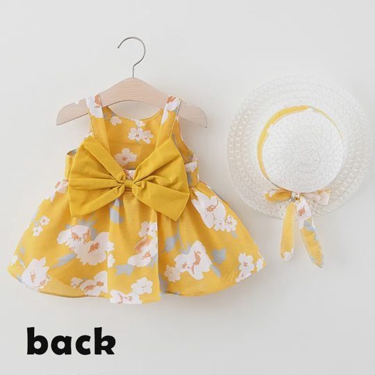 【6M-3Y】2-piece Girls Cute Bow Flower Print Sleeveless Dress With Hat - 33198
