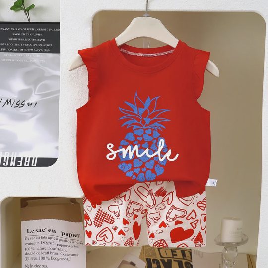 【12M-6Y】Unisex Cartoon Letter Fries Star & Heart Print Flutter Sleeve T-Shirt + Shorts Set