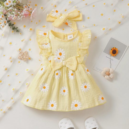 【0M-24M】Girls' Ditsy Daisy Print Flutter Sleeve Bow Dress + Headband