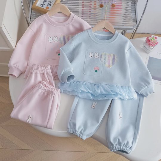 【18M-9Y】2-piece Girls Cartoon Rabbit Print Sweatshirt And Pants Set