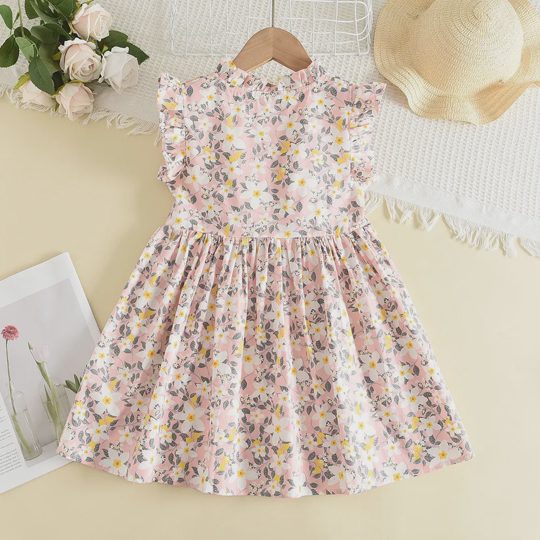 【18M-6Y】Girls' Stand Collar Flutter Sleeve Floral Button-Up Doll Dress
